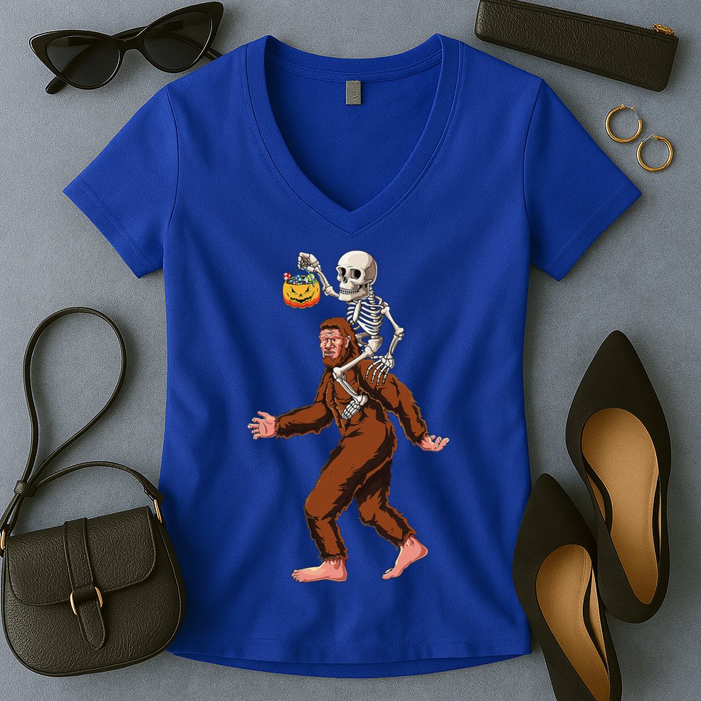Skeleton On Bigfoot Funny Sasquatch Yeti Halloween Costume Women's V-Neck T-Shirt