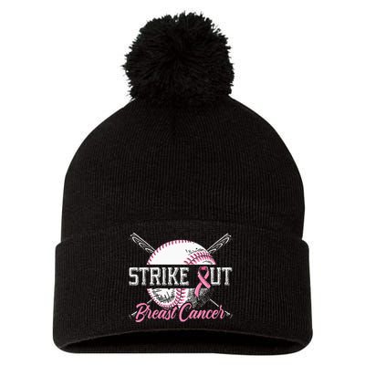 Strike Out Breast Cancer Baseball Breast Cancer Awareness Pom Pom 12in Knit Beanie