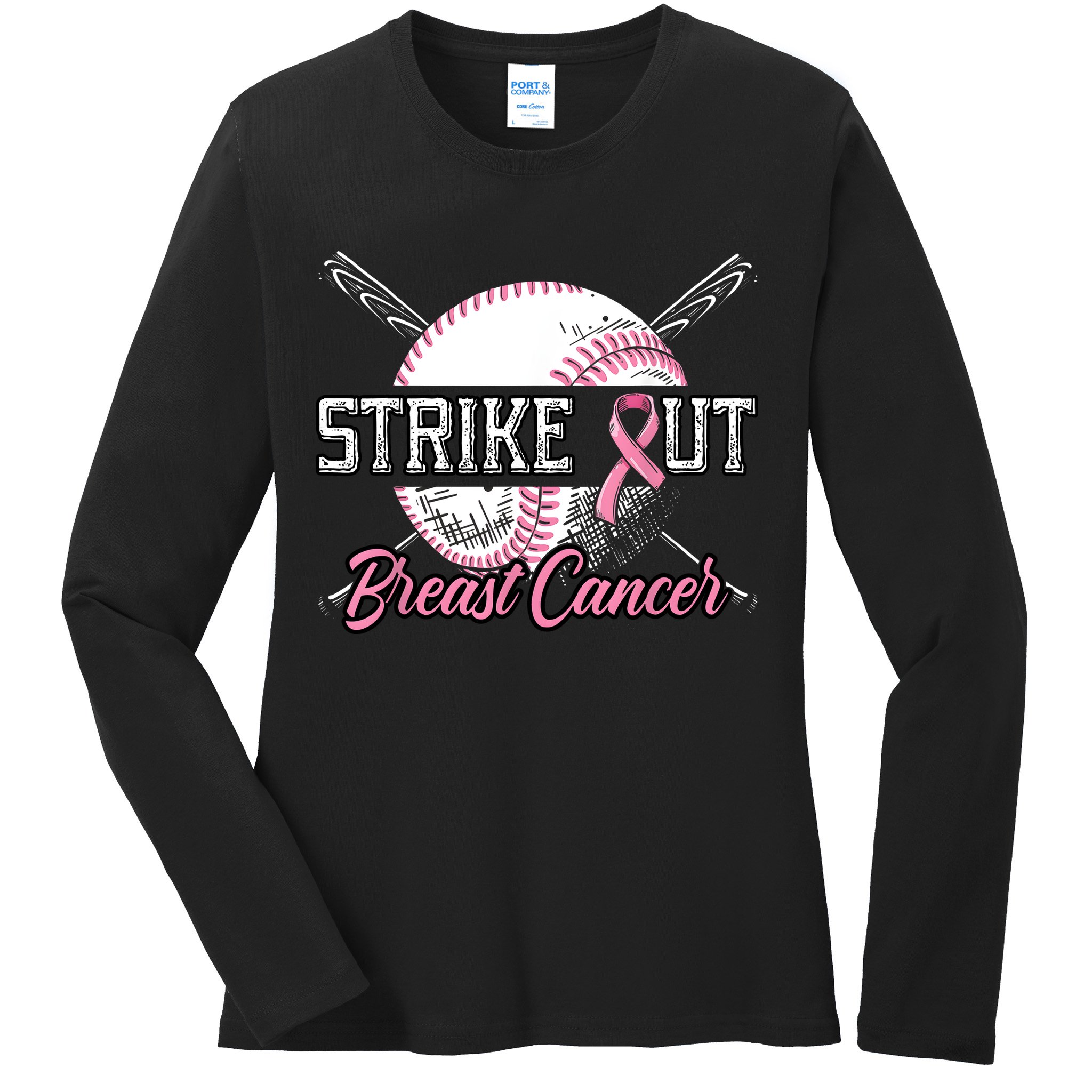 Strike Out Breast Cancer Baseball Pink Ribbon Ladies Long Sleeve Shirt