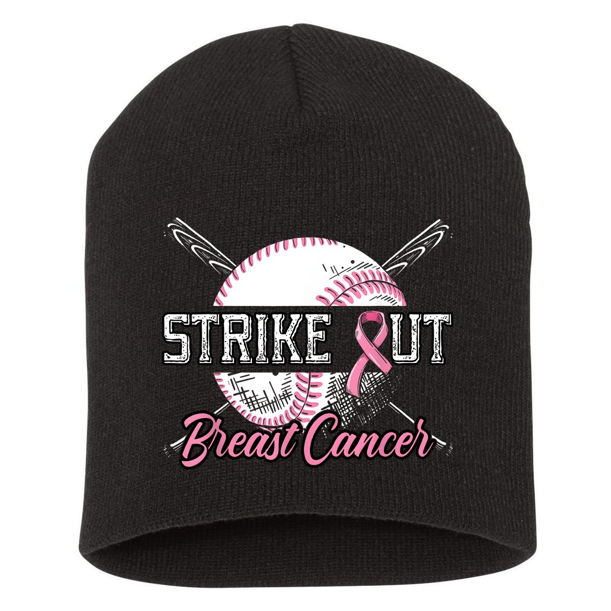 Strike Out Breast Cancer Baseball Pink Ribbon Short Acrylic Beanie