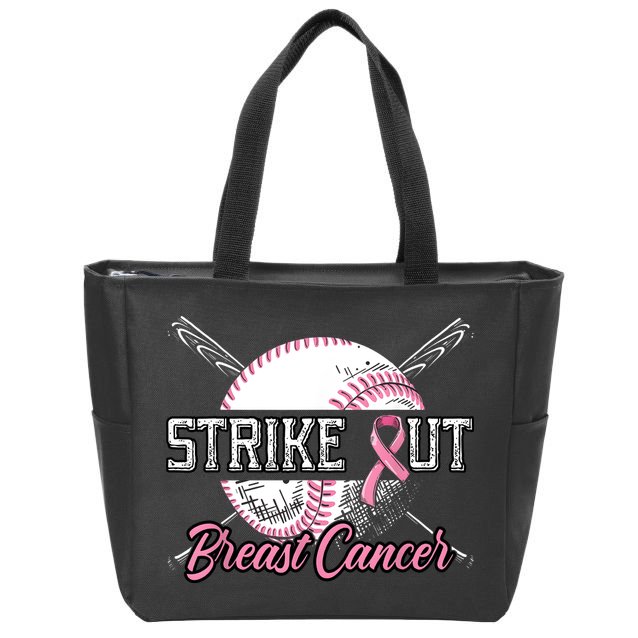 Strike Out Breast Cancer Baseball Pink Ribbon Zip Tote Bag
