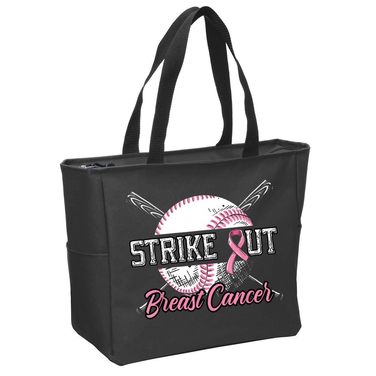 Strike Out Breast Cancer Baseball Pink Ribbon Zip Tote Bag