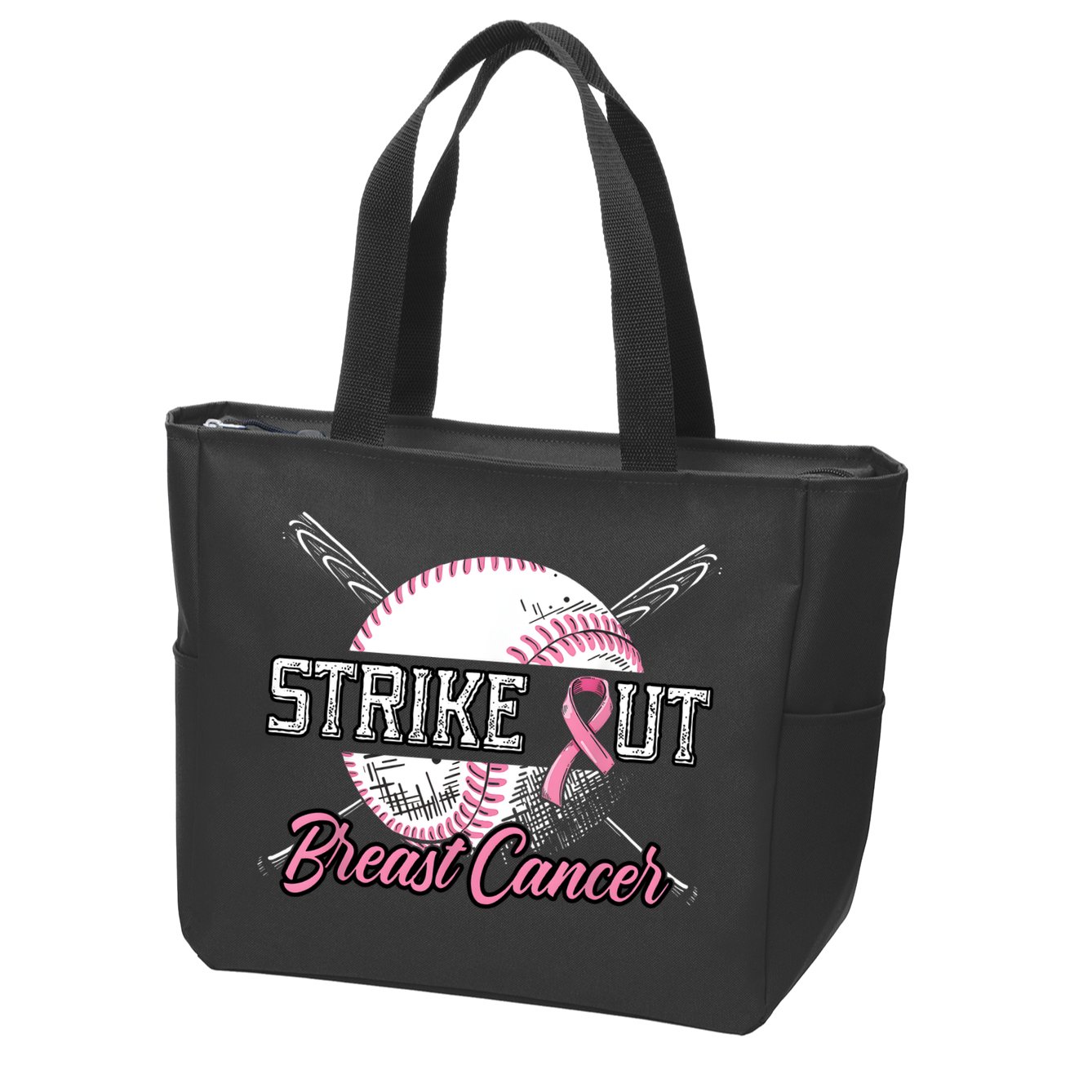 Strike Out Breast Cancer Baseball Pink Ribbon Zip Tote Bag