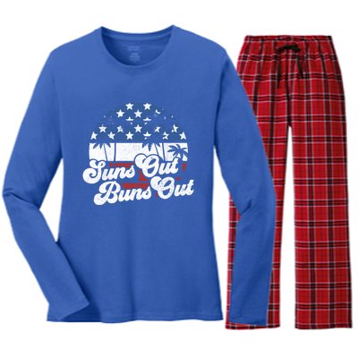 Suns Out Buns Out Retro Usa 4th Of July American Flag Beach Cute Gift Women's Long Sleeve Flannel Pajama Set 