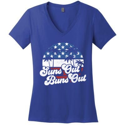 Suns Out Buns Out Retro Usa 4th Of July American Flag Beach Cute Gift Women's V-Neck T-Shirt