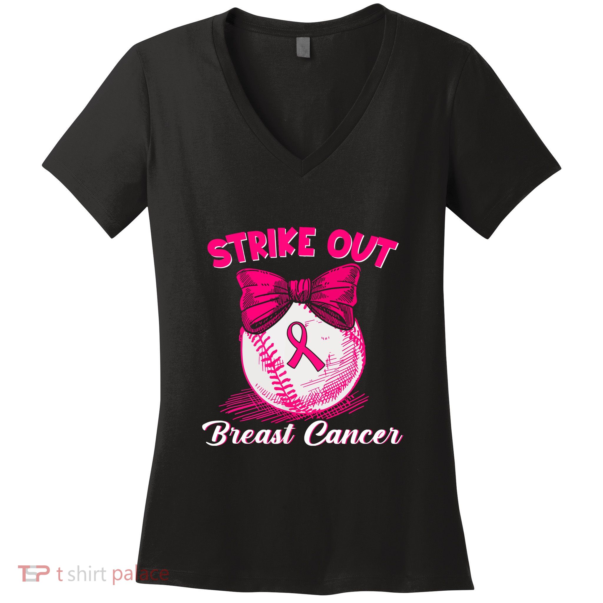 Strike Out Breast Cancer Awareness Ribbon Baseball Fighters Gift Women's V-Neck T-Shirt