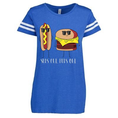 Suns Out Buns Out Hot Dog And Hamburger Enza Ladies Jersey Football T-Shirt