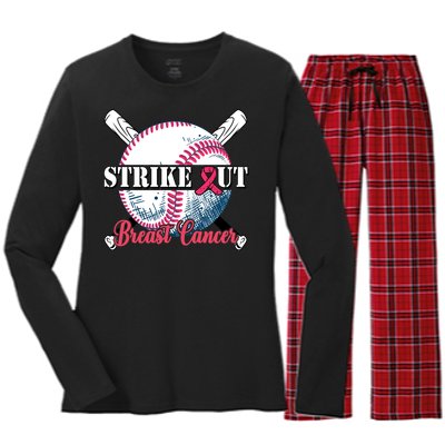 Strike Out Breast Cancer Baseball Women's Long Sleeve Flannel Pajama Set 