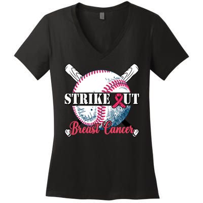 Strike Out Breast Cancer Baseball Women's V-Neck T-Shirt