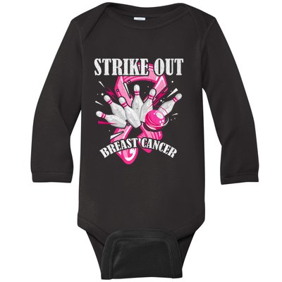 Strike Out Breast Cancer Awareness Bowling Fighter Baby Long Sleeve Bodysuit