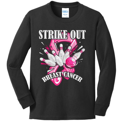 Strike Out Breast Cancer Awareness Bowling Fighter Kids Long Sleeve Shirt