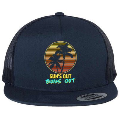 Suns Out Buns Out Retro 80s Vintage Palm Tree Sunset Gift Flat Bill Trucker Hat