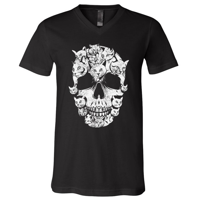 Skull of Cats Skeleton Kitten Funny Halloween Cat skull V-Neck T-Shirt