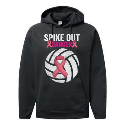 Spike Out Cancer Funny Breast Cancer Awareness Pink Ribbon Volleyball Performance Fleece Hoodie