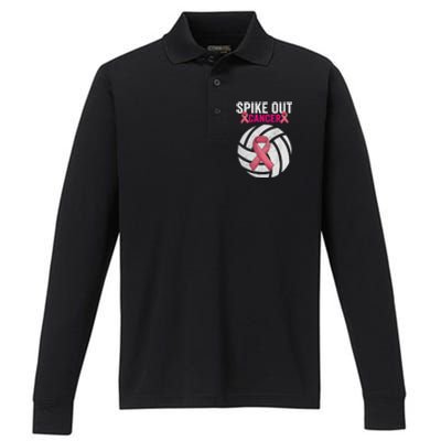 Spike Out Cancer Funny Breast Cancer Awareness Pink Ribbon Volleyball Performance Long Sleeve Polo