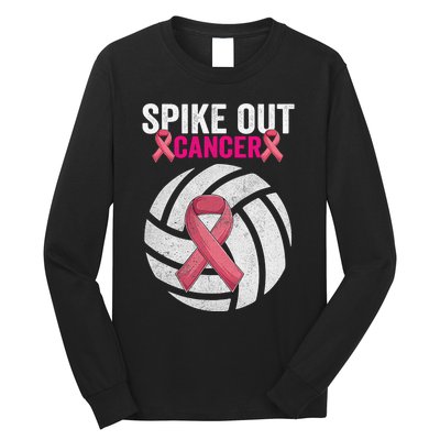 Spike Out Cancer Funny Breast Cancer Awareness Pink Ribbon Volleyball Long Sleeve Shirt