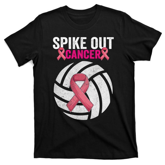 Spike Out Cancer Funny Breast Cancer Awareness Pink Ribbon Volleyball T-Shirt