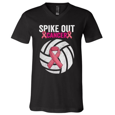 Spike Out Cancer Funny Breast Cancer Awareness Pink Ribbon Volleyball V-Neck T-Shirt