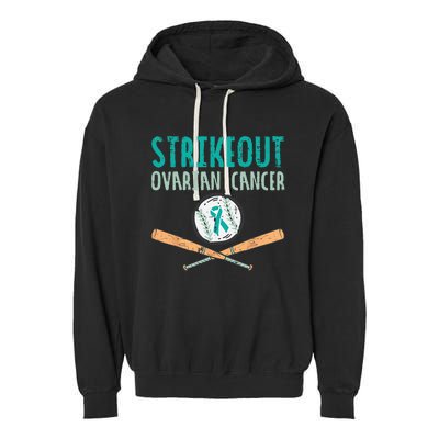 Strikeout Ovarian Cancer Baseball Teal Ribbon Awareness Garment-Dyed Fleece Hoodie