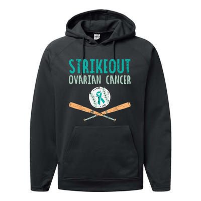 Strikeout Ovarian Cancer Baseball Teal Ribbon Awareness Performance Fleece Hoodie