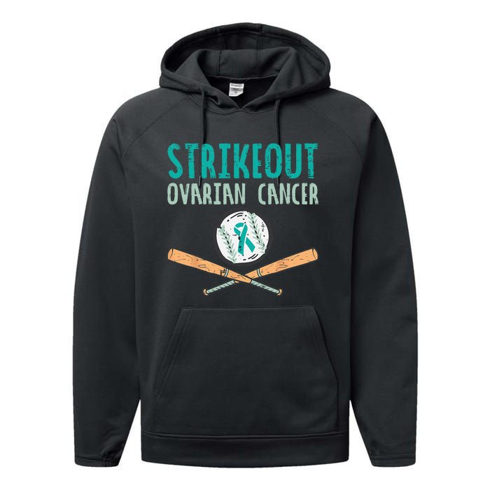 Strikeout Ovarian Cancer Baseball Teal Ribbon Awareness Performance Fleece Hoodie