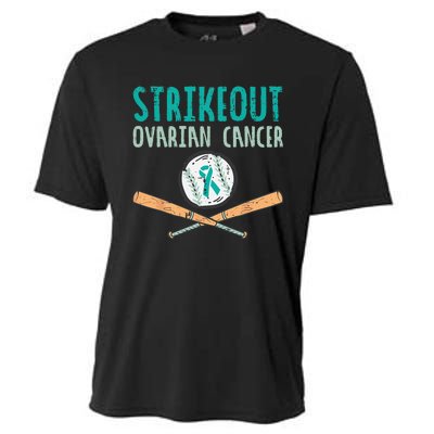 Strikeout Ovarian Cancer Baseball Teal Ribbon Awareness Cooling Performance Crew T-Shirt