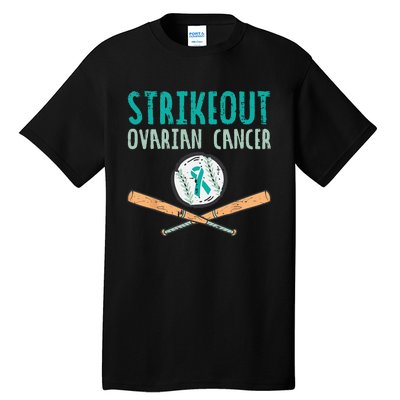 Strikeout Ovarian Cancer Baseball Teal Ribbon Awareness Tall T-Shirt