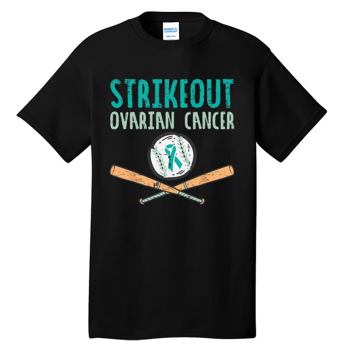 Strikeout Ovarian Cancer Baseball Teal Ribbon Awareness Tall T-Shirt