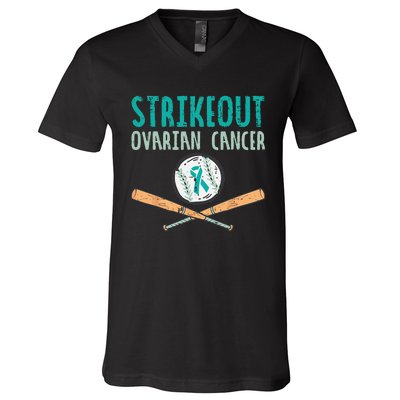 Strikeout Ovarian Cancer Baseball Teal Ribbon Awareness V-Neck T-Shirt