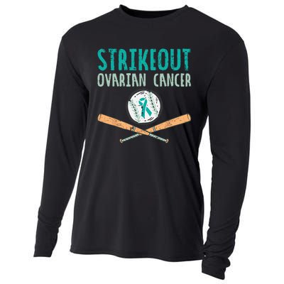 Strikeout Ovarian Cancer Baseball Teal Ribbon Awareness Cooling Performance Long Sleeve Crew