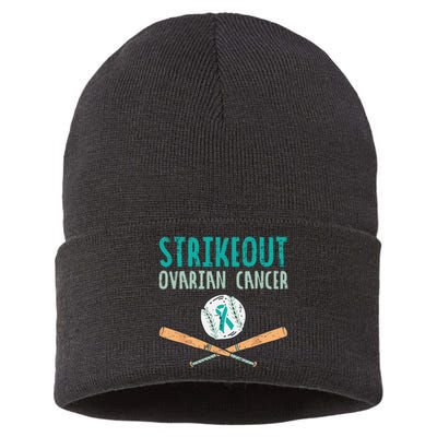 Strikeout Ovarian Cancer Baseball Teal Ribbon Awareness Sustainable Knit Beanie