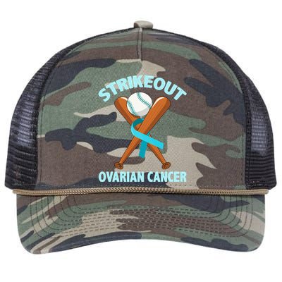 Strikeout Ovarian Cancer Baseball Teal Ribbon Awareness Retro Rope Trucker Hat Cap