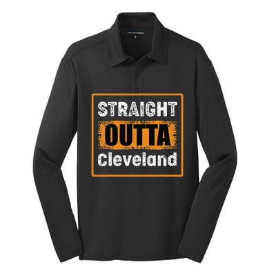 Straight Outta Cleveland Ohio USA Retro Distressed Silk Touch Performance Long Sleeve Polo