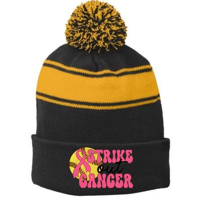 Strike Out Cancer Softball Breast Cancer Awareness Stripe Pom Pom Beanie