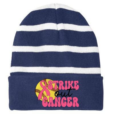 Strike Out Cancer Softball Breast Cancer Awareness Striped Beanie with Solid Band