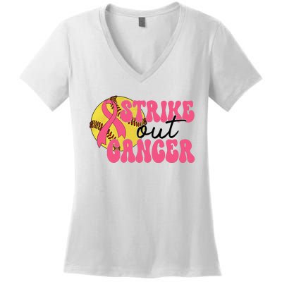 Strike Out Cancer Softball Breast Cancer Awareness Women's V-Neck T-Shirt