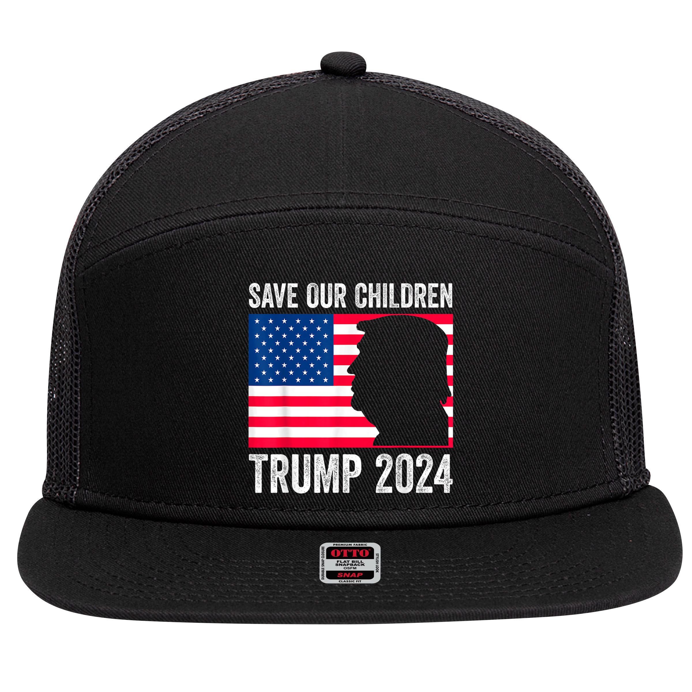 Save Our Children Stop Human Trafficking Trump 2024 7 Panel Mesh Trucker Snapback Hat