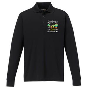 School Office Crew We Stick Together Funny Cactus Performance Long Sleeve Polo