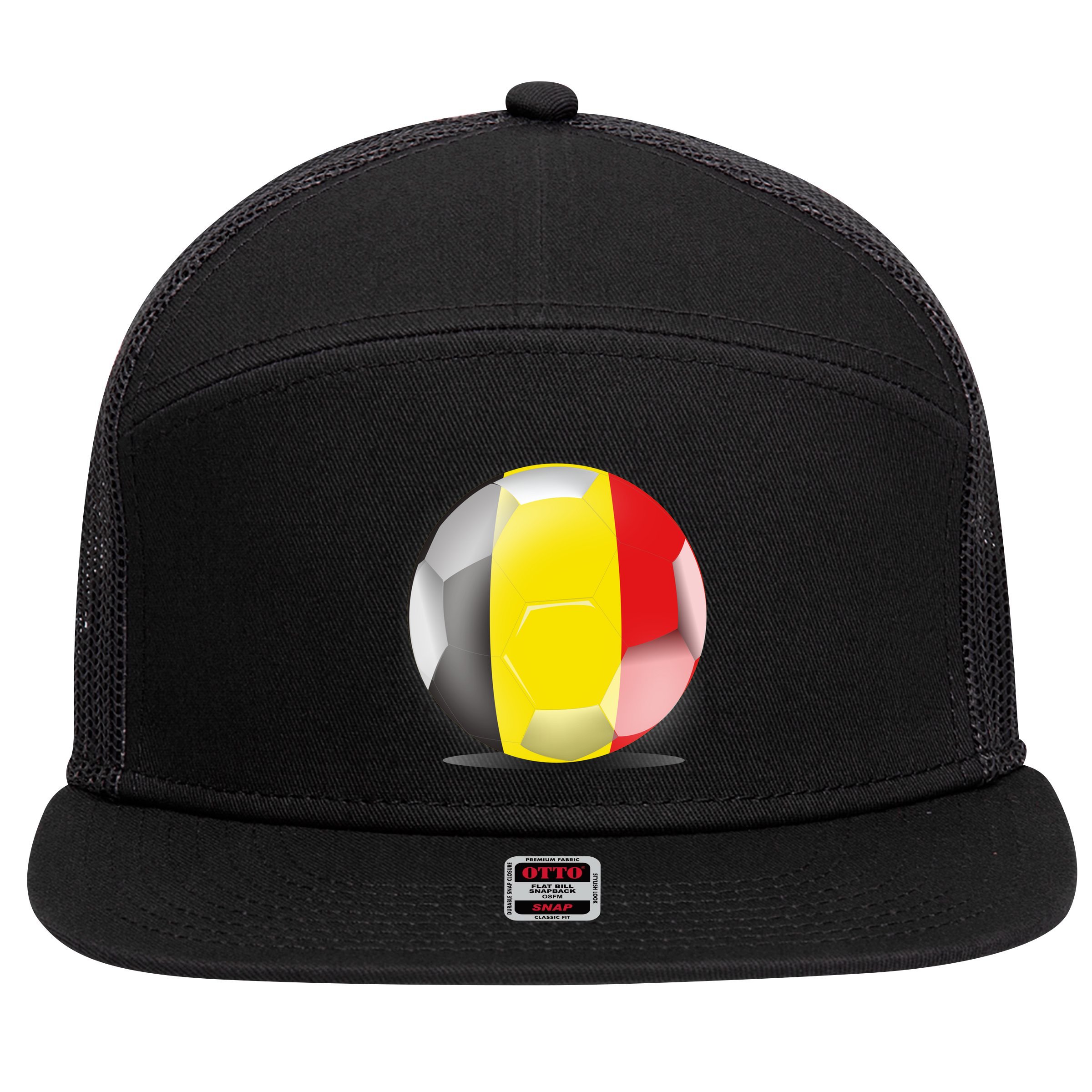 Soccer Ball Country Flag Belgium 7 Panel Mesh Trucker Snapback Hat