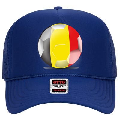 Soccer Ball Country Flag Belgium High Crown Mesh Back Trucker Hat