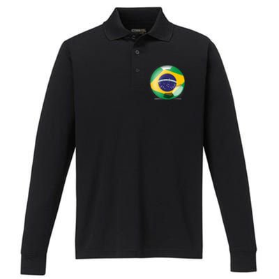 Soccer Ball Country Flag Brazil Performance Long Sleeve Polo