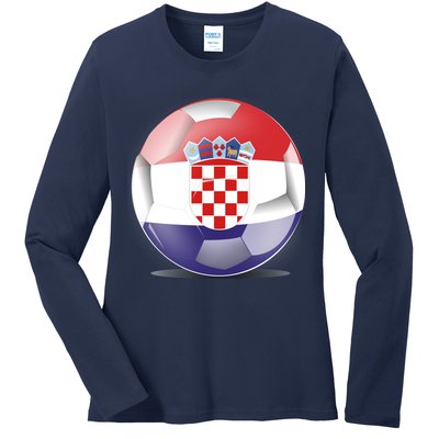 Soccer Ball Country Flag Croatia Ladies Long Sleeve Shirt
