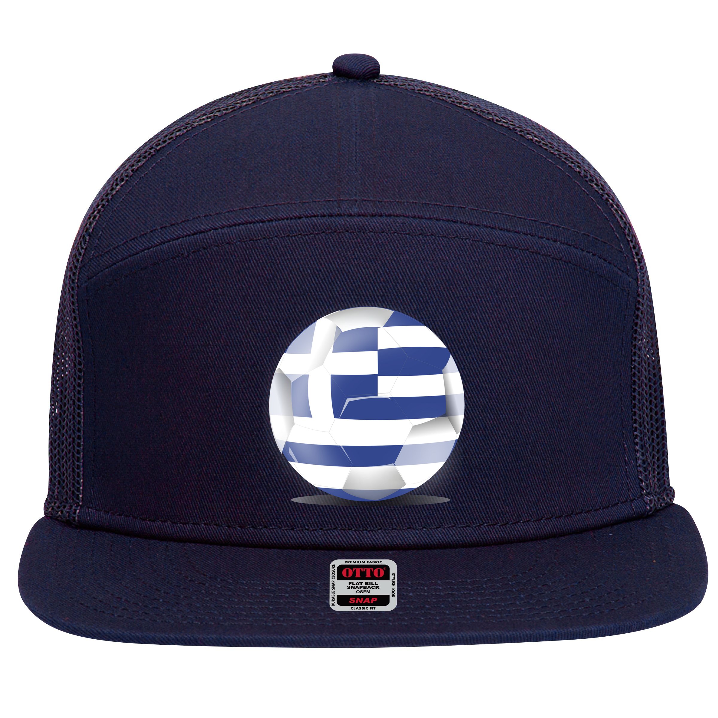Soccer Ball Country Flag Greece 7 Panel Mesh Trucker Snapback Hat