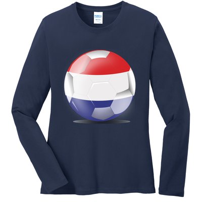 Soccer Ball Country Flag Netherlands Ladies Long Sleeve Shirt