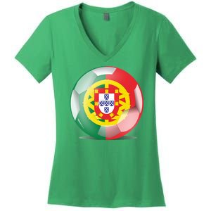 Soccer Ball Country Flag Portugal Women's V-Neck T-Shirt