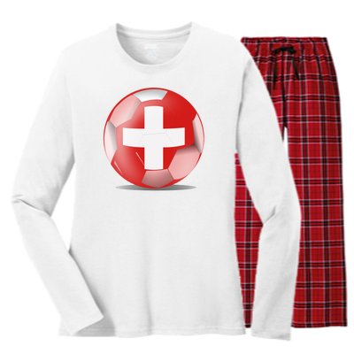 Soccer Ball Country Flag Switzerland Women's Long Sleeve Flannel Pajama Set 