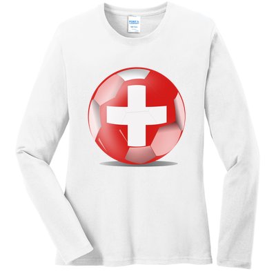 Soccer Ball Country Flag Switzerland Ladies Long Sleeve Shirt
