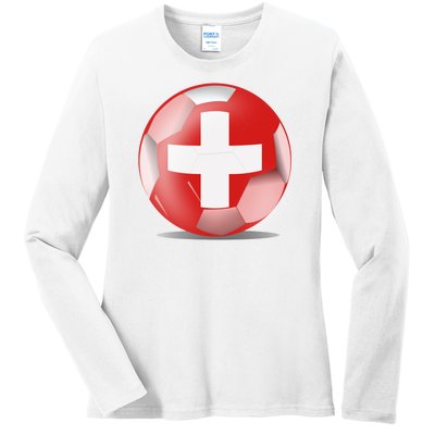 Soccer Ball Country Flag Switzerland Ladies Long Sleeve Shirt