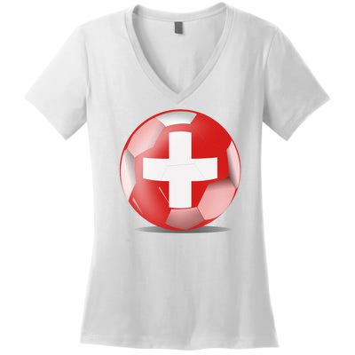 Soccer Ball Country Flag Switzerland Women's V-Neck T-Shirt