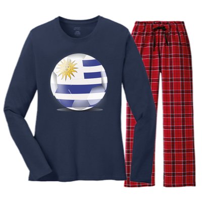 Soccer Ball Country Flag Uruguay Women's Long Sleeve Flannel Pajama Set 